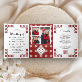 Red and Black Ukrainian Embroidery QR Code Wedding Drieluik Uitnodiging