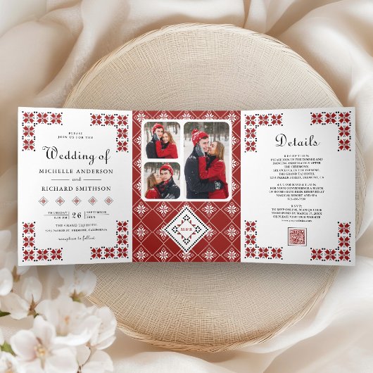 Red and Black Ukrainian Embroidery QR Code Wedding Drieluik Uitnodiging