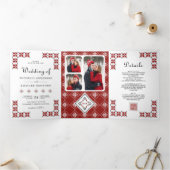 Red and Black Ukrainian Embroidery QR Code Wedding Drieluik Uitnodiging (Binnen)