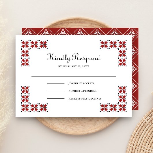 Red and Black Ukrainian Embroidery Wedding RSVP Kaartje