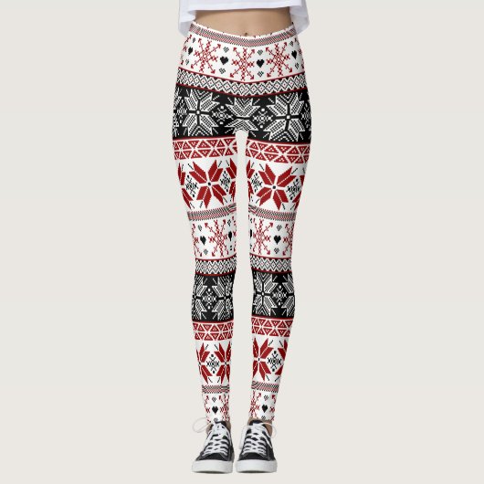 Red and Black Winter Fair Isle Pattern Leggings (Voorkant)