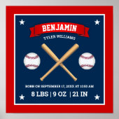 Red and Blue Baseball Bats and Balls Birth Stats Poster (Voorkant)