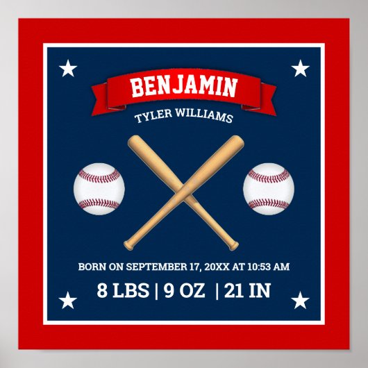 Red and Blue Baseball Bats and Balls Birth Stats Poster (Voorkant)