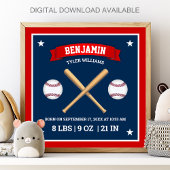 Red and Blue Baseball Bats and Balls Birth Stats Poster