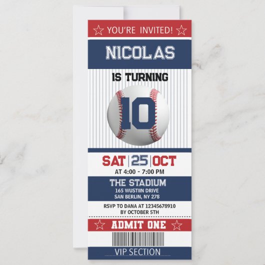 Red and Blue Baseball Ticket Birthday Invitation Kaart (Voorkant)