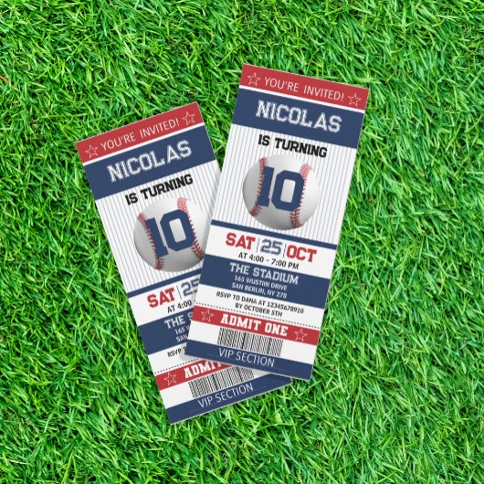 Red and Blue Baseball Ticket Birthday Invitation Kaart