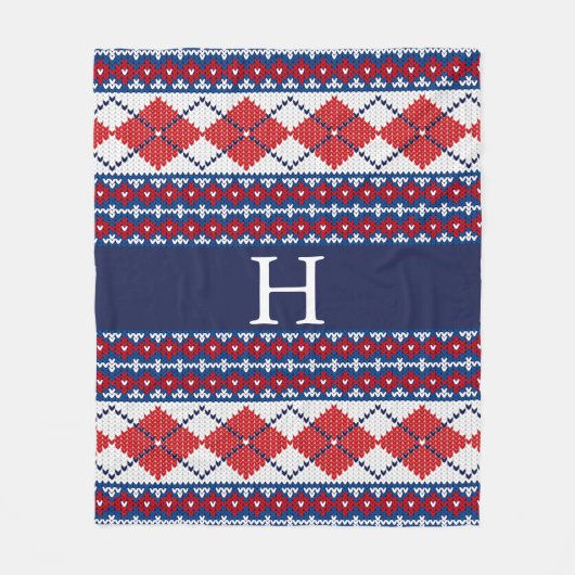 Red and Blue Fair Isle Nordic Argyle Monogram Fleece Deken (Voorkant)