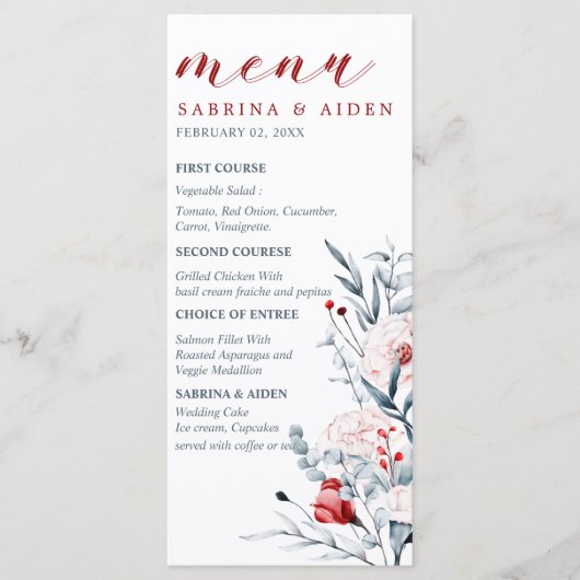 Red And Blue Flower Floral Wedding  Menu (Voorkant)
