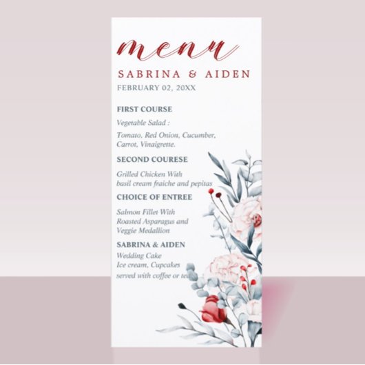 Red And Blue Flower Floral Wedding  Menu