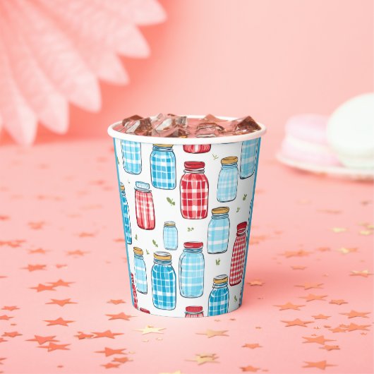 Red and Blue Gingham Mason Jar Pattern  Papieren Bekers (Insitu)