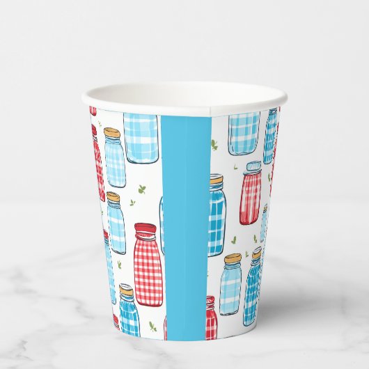 Red and Blue Gingham Mason Jar Pattern  Papieren Bekers (Rechts)