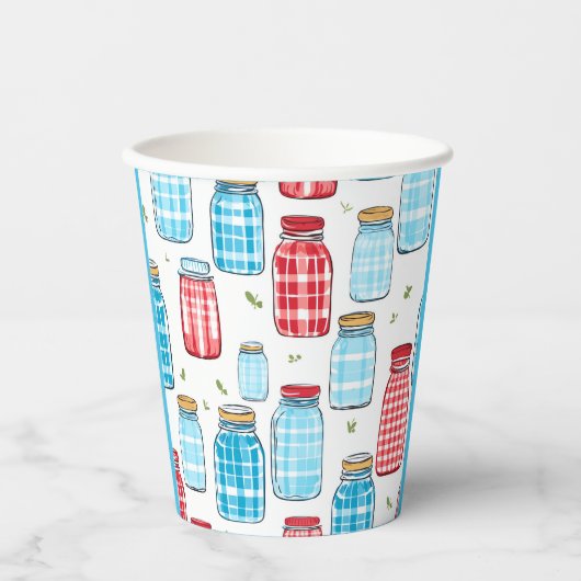 Red and Blue Gingham Mason Jar Pattern  Papieren Bekers (Voorkant)