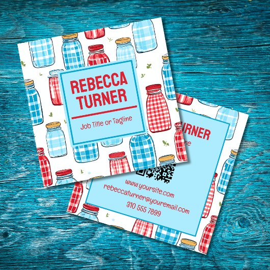 Red and Blue Mason Jar Pattern, QR Code Vierkante Visitekaartje