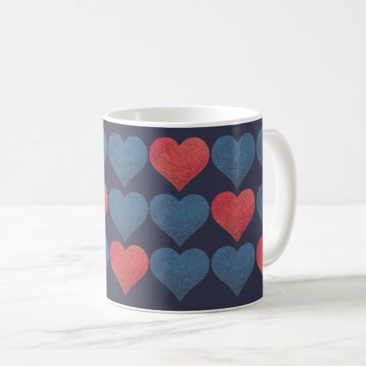 Red and Blue Patterned Hearts Koffiemok (Voorkant rechts)