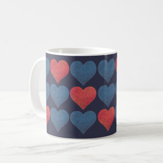 Red and Blue Patterned Hearts Koffiemok (Voorkant links)