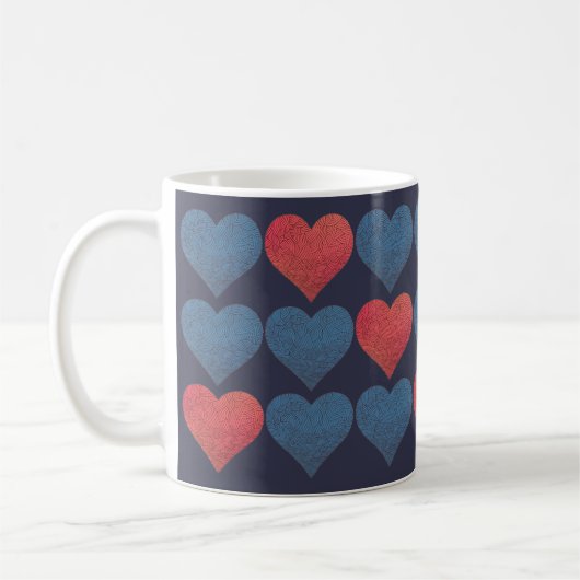 Red and Blue Patterned Hearts Koffiemok (Links)