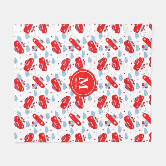 Red and Blue Planes and Clouds Kids Monogram Fleece Deken (Voorkant (Horizontaal))