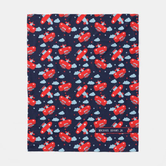 Red and Blue Planes and Clouds Kids Monogram Fleece Deken (Voorkant)