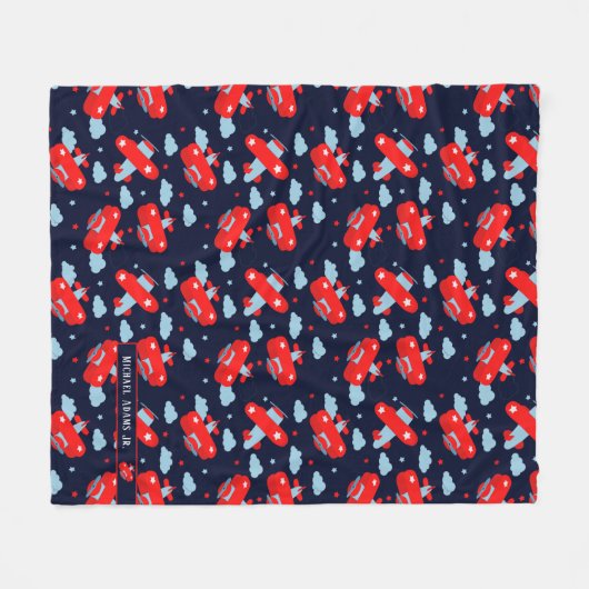 Red and Blue Planes and Clouds Kids Monogram Fleece Deken (Voorkant (Horizontaal))
