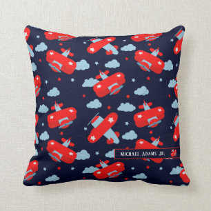 Red and Blue Planes and Clouds Kids Monogram Kussen