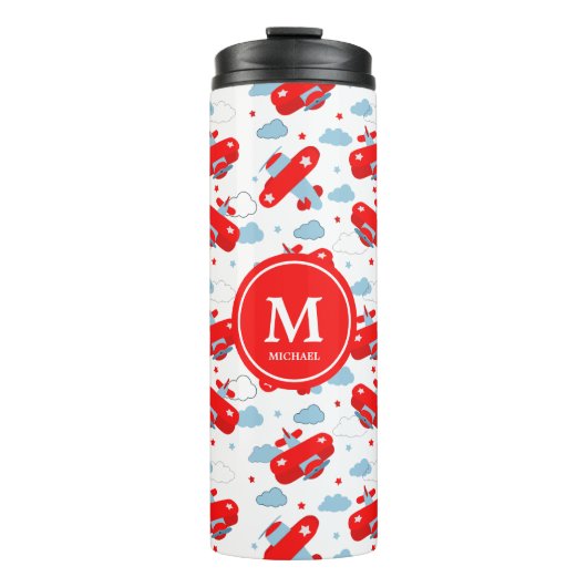 Red and Blue Planes and Clouds Kids Monogram Thermosbeker (Voorkant)