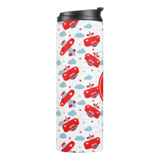 Red and Blue Planes and Clouds Kids Monogram Thermosbeker (Gedraaid links)