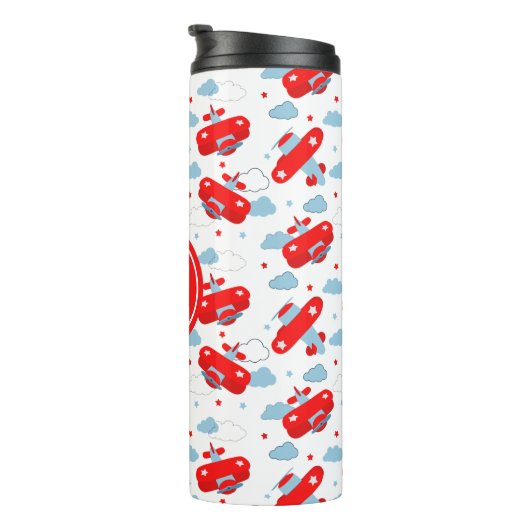 Red and Blue Planes and Clouds Kids Monogram Thermosbeker (Geroteerd rechts)