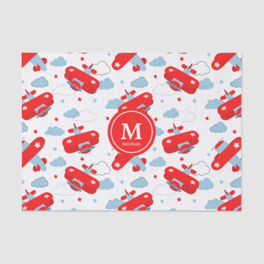 Red and Blue Planes and Clouds Kids Monogram Tissuepapier (Voorkant)