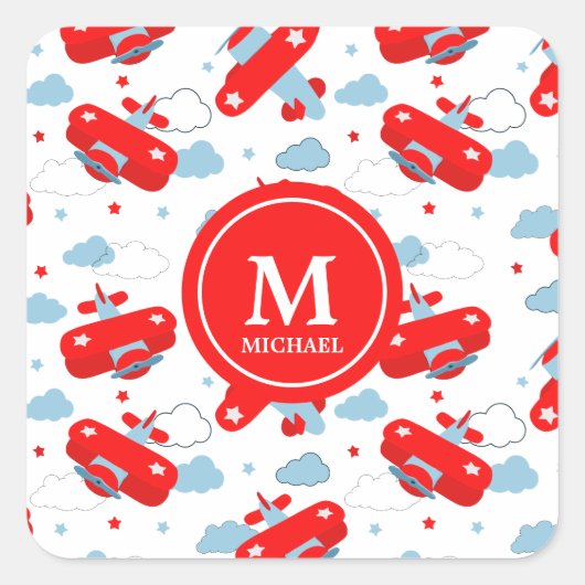 Red and Blue Planes and Clouds Kids Monogram Vierkante Sticker (Voorkant)