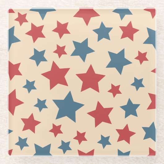 Red and Blue Stars, 4th of July, Beige Background Glazen Onderzetter (Voorkant)