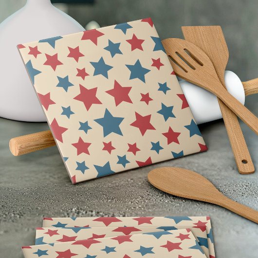Red and Blue Stars, 4th of July, Beige Background Tegeltje