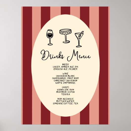 Red and Blush Striped “Drinks Menu” Wedding Poster (Voorkant)