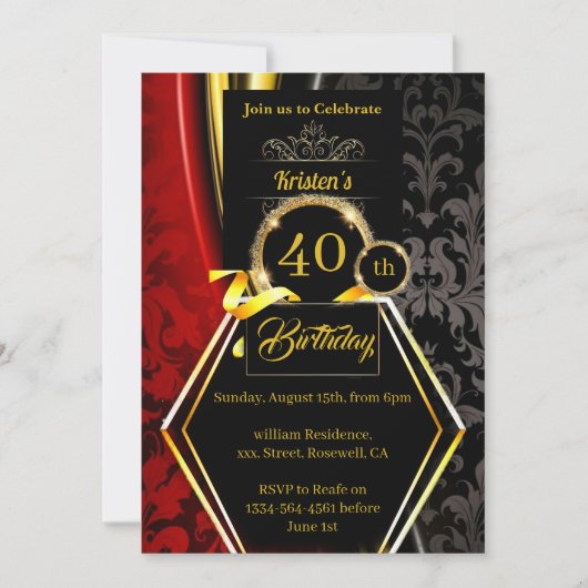 Red and Gold 40th Birthday Invitation Kaart (Voorkant)