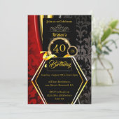 Red and Gold 40th Birthday Invitation Kaart (Staand voorkant)