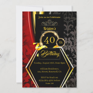Red and Gold 40th Birthday Invitation Kaart