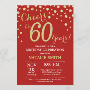 Red and Gold 60th Birthday Diamond Invitation Kaart