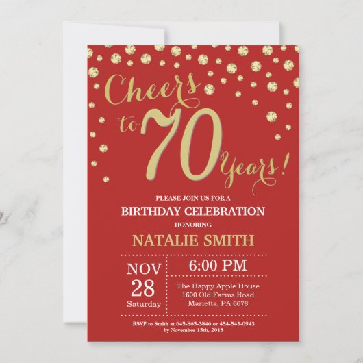 Red and Gold 70th Birthday Diamond Invitation Kaart (Voorkant)