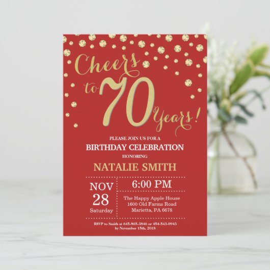 Red and Gold 70th Birthday Diamond Invitation Kaart (Staand voorkant)