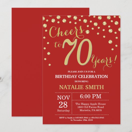 Red and Gold 70th Birthday Diamond Invitation Kaart (Voorkant / Achterkant)