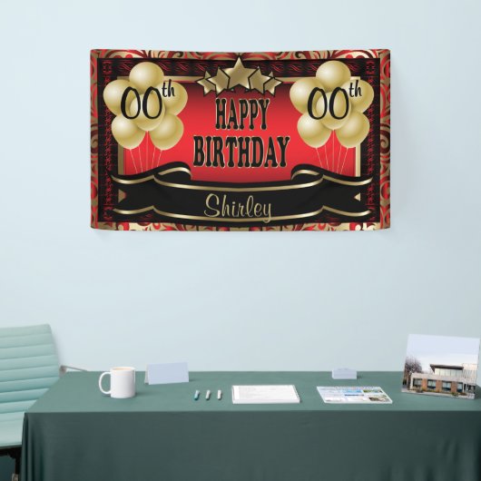 Red and Gold Abstract Happy 00th Birthday Spandoek (Beurs)