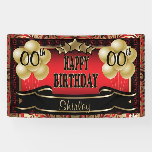 Red and Gold Abstract Happy 00th Birthday Spandoek (Horizontaal)