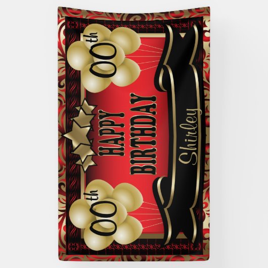 Red and Gold Abstract Happy 00th Birthday Spandoek (Verticaal)