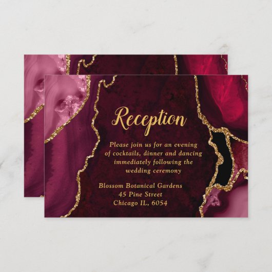 Red and Gold Agate Agate Wedding Reception Informatiekaartje (Voorkant / Achterkant)