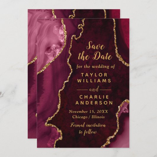 Red and Gold Agate Marble Save The Date Kaart (Voorkant / Achterkant)