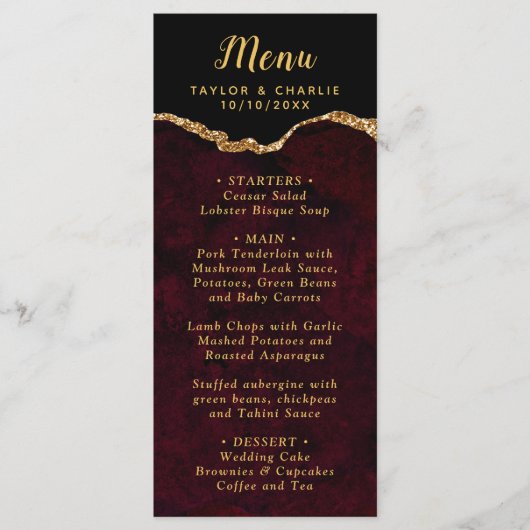 Red and Gold Agate Marble Wedding Menu (Voorkant)