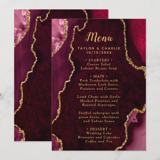 Red and Gold Agate Marble Wedding Menu (Voorkant / Achterkant)