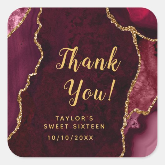 Red and Gold Agate Sweet Sixteen Hartelijk dank Vierkante Sticker (Voorkant)