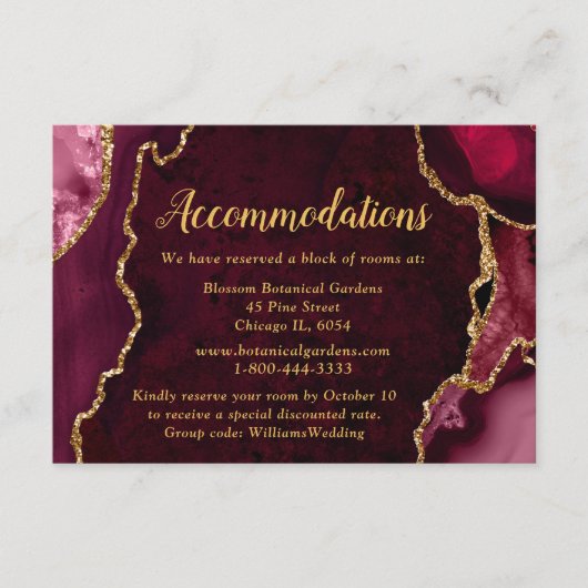 Red and Gold Agate Wedding Accommodations Informatiekaartje (Voorkant)