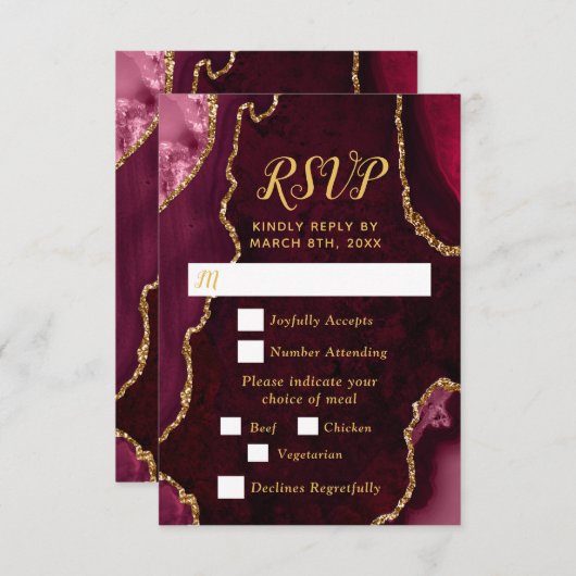 Red and Gold Agate Wedding Meal Choice RSVP Kaartje (Voorkant / Achterkant)