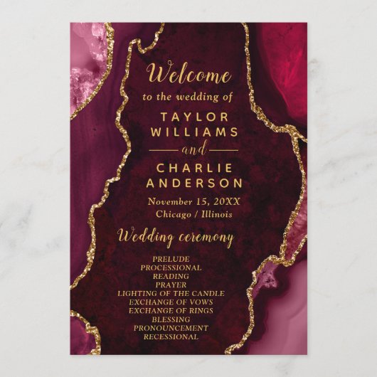 Red and Gold Agate Wedding Program Programmakaart (Voorkant)
